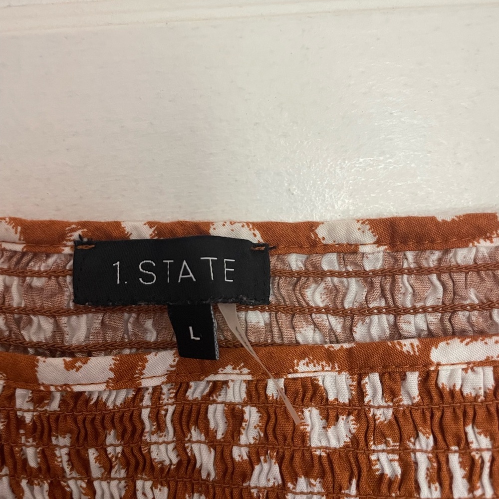 1. State Rust and White Spot-Print Puff Sleeve Smocked Midi Dress - Picture 4 of 4